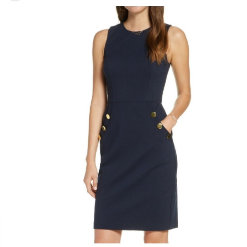 NWT - Nordstrom 1901 Button Detail Sleeveless Ponte Knit Dress Navy Size 0